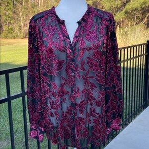 J.Jill Classy Button Down Sheer Velvet Like  Blouse